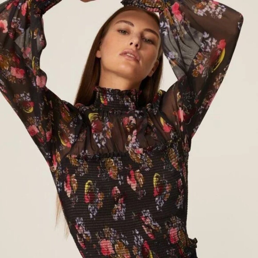 Cinq A Sept Women's Esmaralda 100% Silk Chiffon Black Floral Mock Neck Top Sz S - Picture 5 of 13